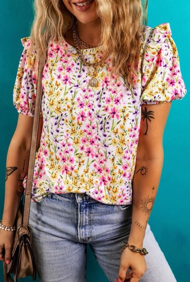 Bright Tiny Floral Puff Sleeve Top