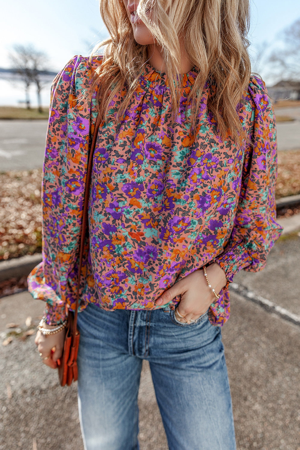 Lucy - Purple Floral Print Shirred Blouse