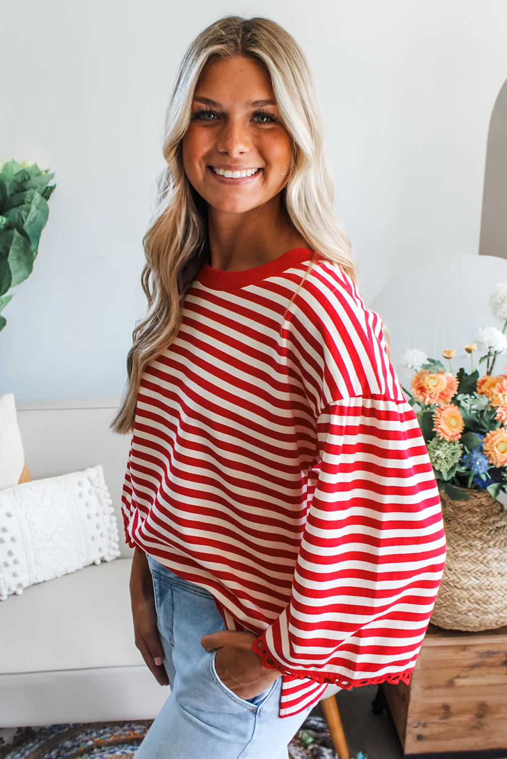 Racing Red Striped Round Neck Contrast Trim Bell Sleeve Top