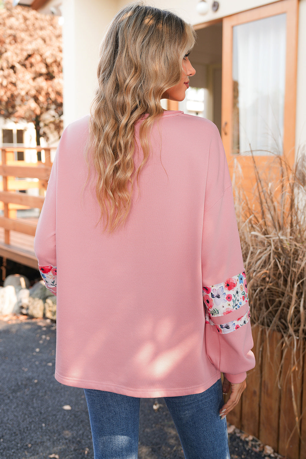 Wisteria Flower Applique Patchwork Drop Sleeve Pullover Sweatshirt