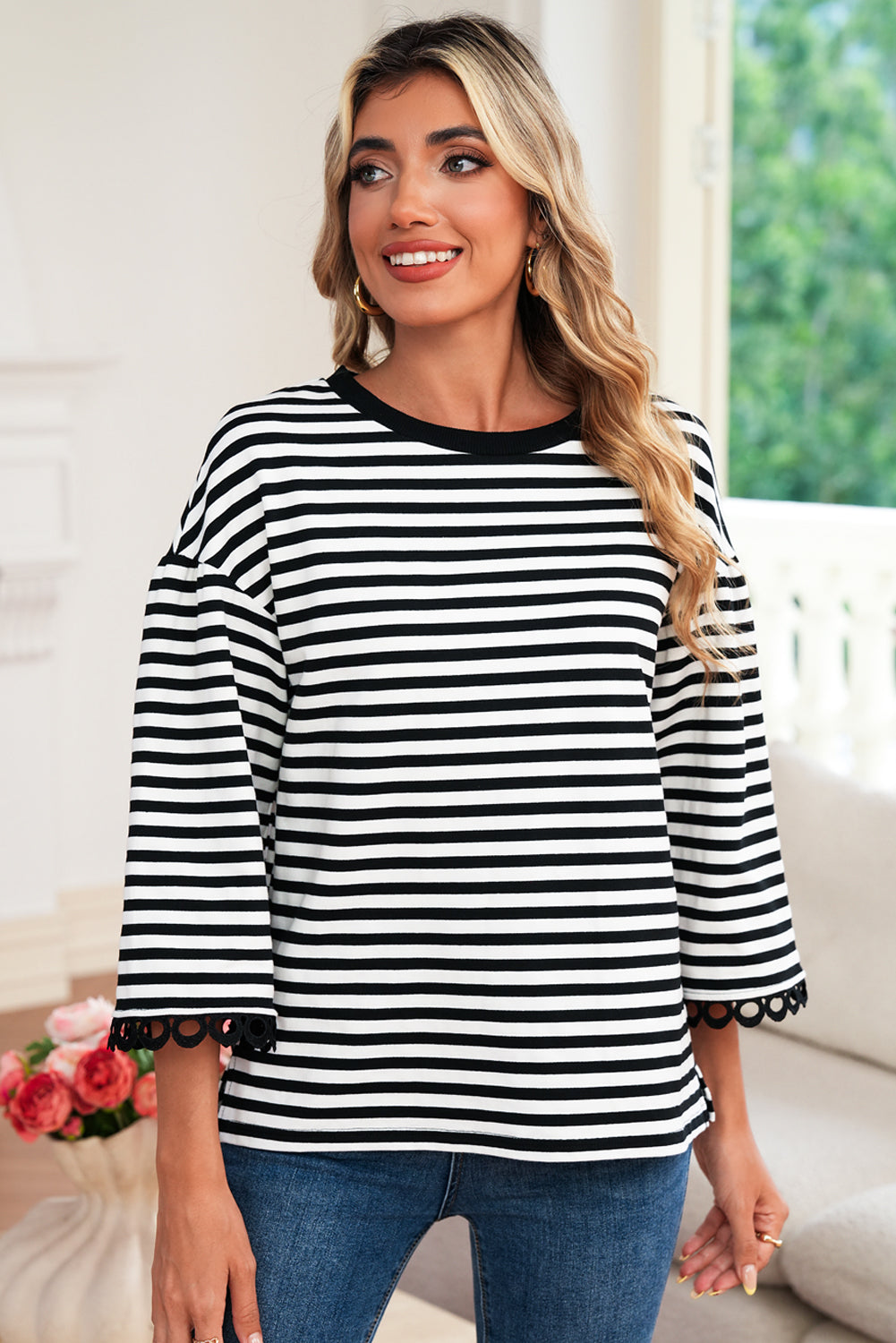 Racing Red Striped Round Neck Contrast Trim Bell Sleeve Top